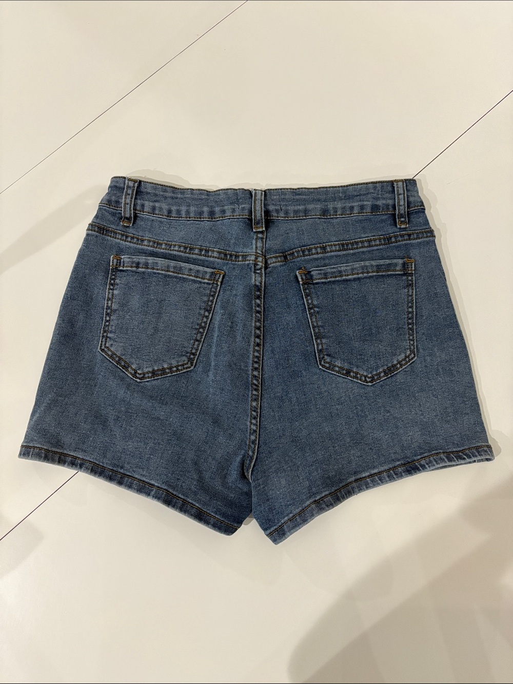 Sterling Kreek High-Rise Blue Denim Jean Shorts with Subtle Rhinestone Detail - Picture 3 of 3